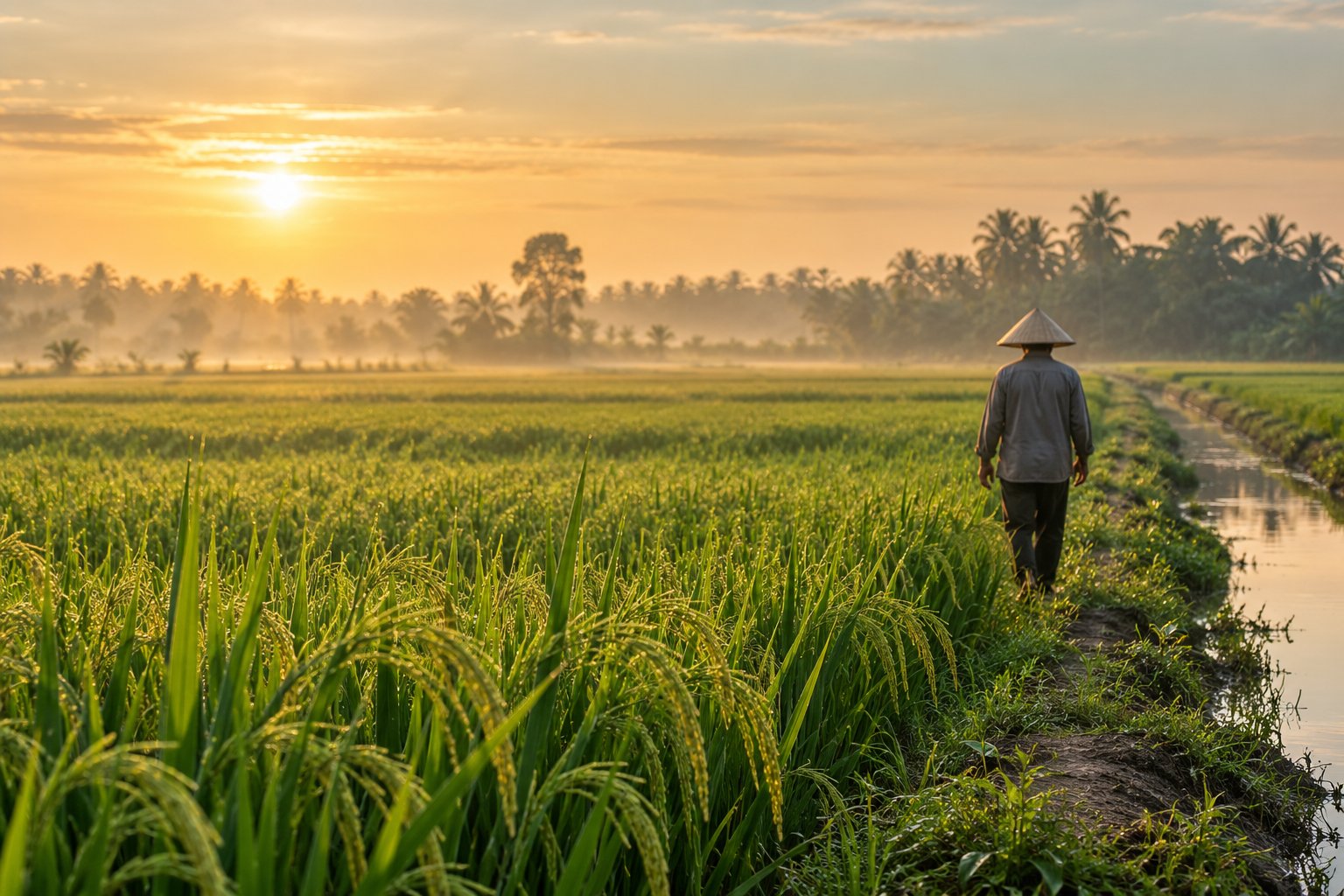 Ảnh minh họa AI: người nông dân đội nón lá trên bờ ruộng lúa trong nắng sớm