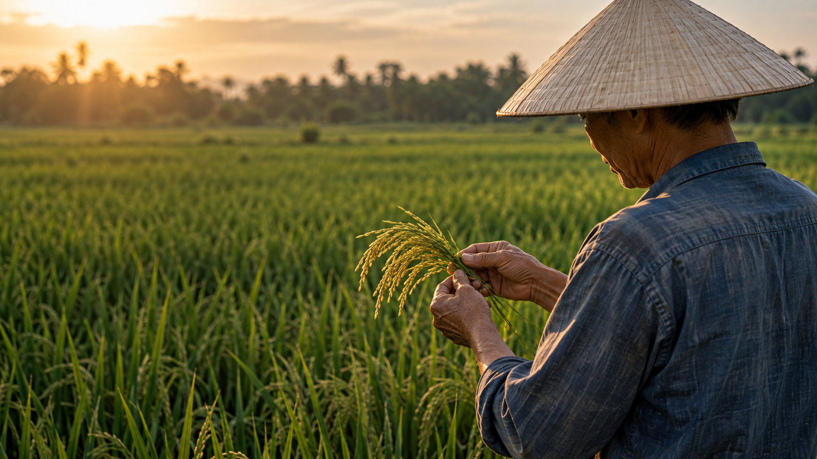 Ảnh minh họa AI: người nông dân quan sát bông lúa trong nắng chiều